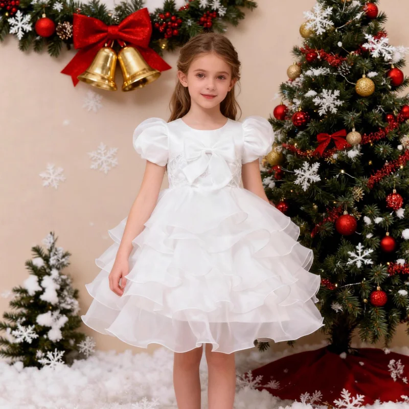 

Новое платье принцессы для девочек с цветочным узором, бантом и пышными рукавами для выступлений и праздников