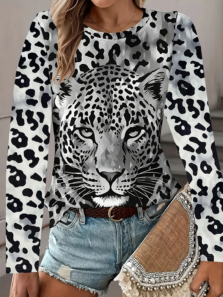 

3D Leopard Print Ladies' Long-sleeved Warm T-shirt Urban Street Ladies' Fashionable Top Autumn And Winter Ladies' Casual T-shirt