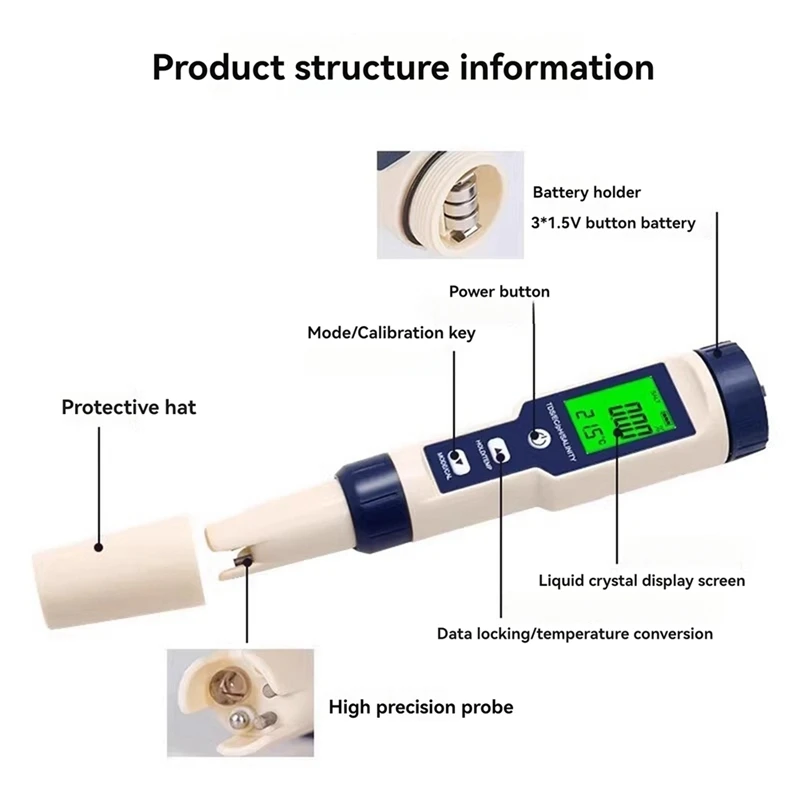 5 في 1 EC TDS درجة حرارة الملوحة مقياس درجة الحموضة جهاز اختبار جودة المياه للأغذية المشروبات محتوى الملح حوض السمك مياه البحر ATC