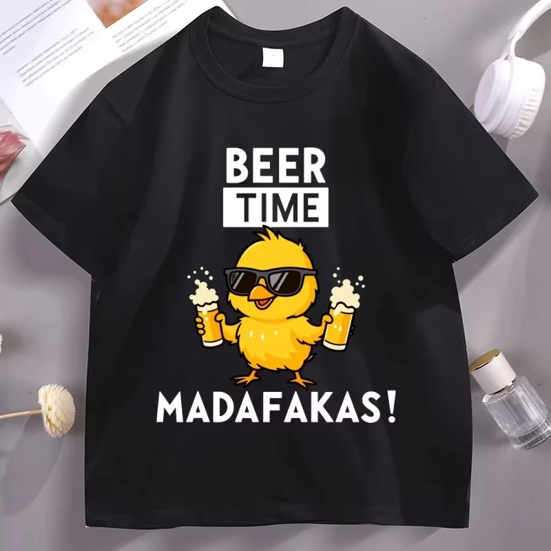 Beer Time Madafakas T-shirts Fun Chick Mascot Holding Two Beers T-Shirts Party Decor Tshirt Men Women Summer Drink Tees Clothes