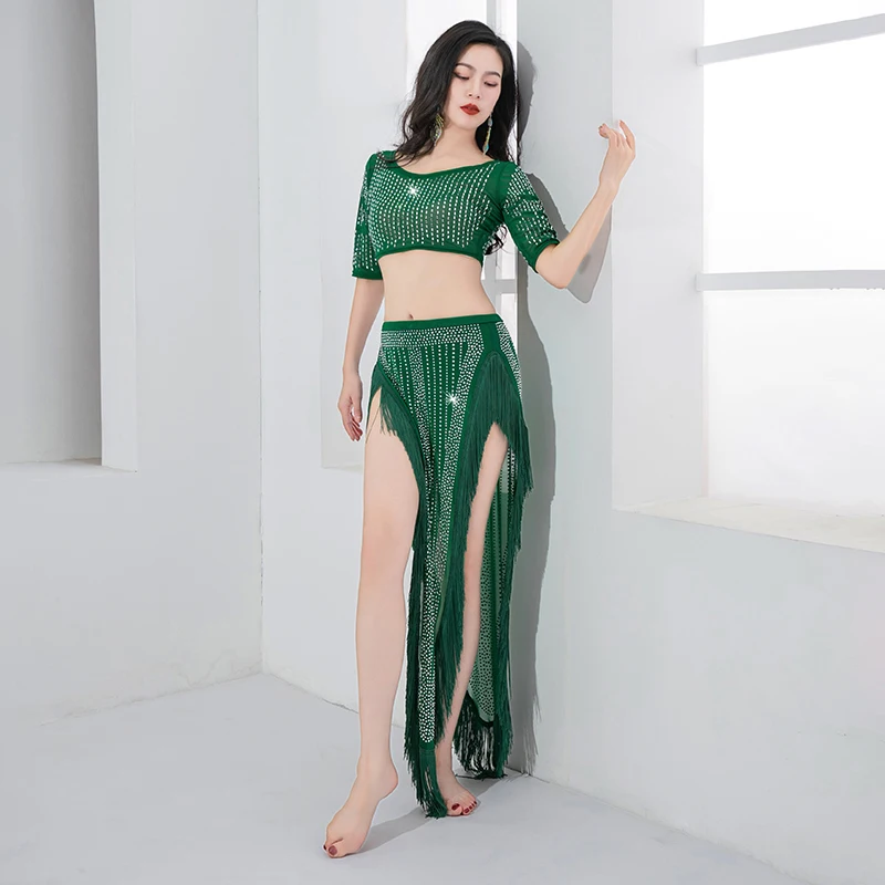 Belly Dance Professional AB Bright Diamond for Women Short Sleeves Top+Long Skirt 2pcs Girl's Oriental Belly Dancing Suit