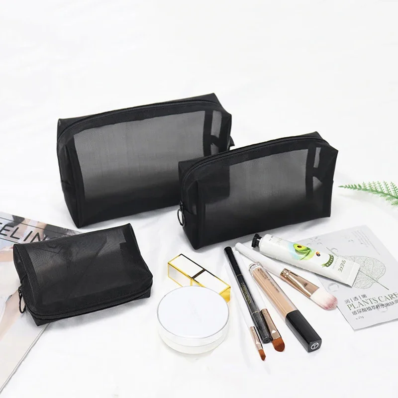 Mesh Cosmetic Bag Portable Travel Makeup Bag Black Breathable Mesh Zipper Bag Suitable for Home Office Travel Accessories Storag image 3