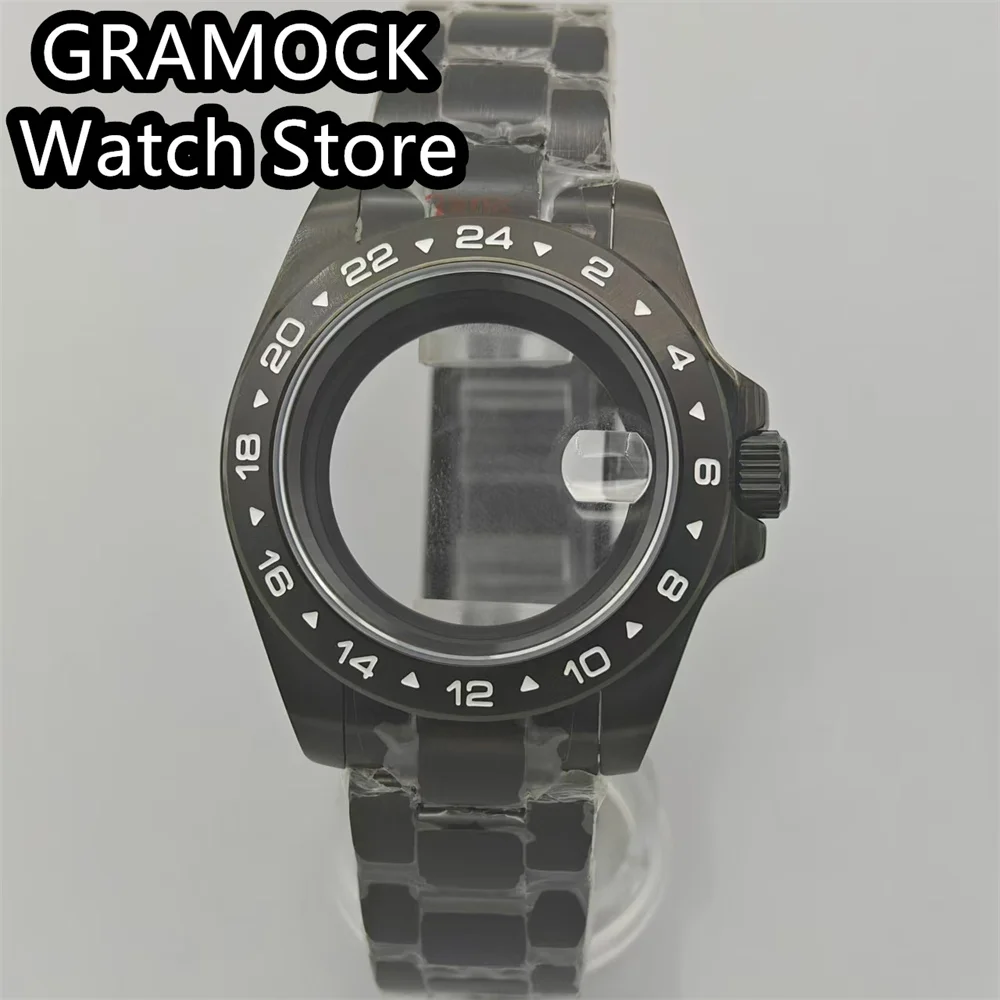 GRAMOCK 40mm Black PVD Watch Case Sapphire Glass Fixed 24 Hour Bezel Steel Bracelet Fit NH34 NH35 NH36 ETA2824 PT5000 Movement