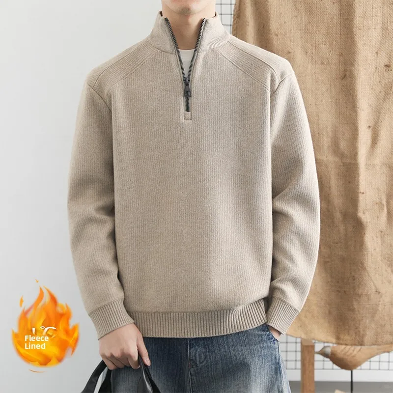 

Мужской вязаный свитер на флисовой подкладке с молнией, теплый, повседневный, модный, из полиэфирного волокна, с длинными рукавами, стандартный крой