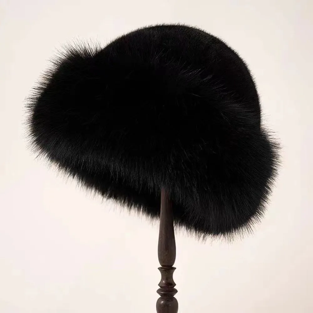 New Warm Fluffy Fur Bucket Hat Cold Thicken Fisherman Hat Cover Head Cap Snowy Day Panama Cap Women