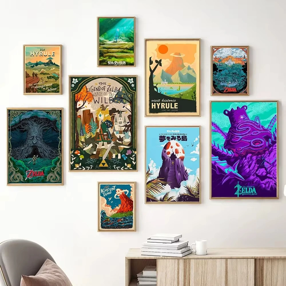 Póster de paisaje de Anime de viaje de Zelda, pintura en lienzo de Hyrule Village, Impresión de aliento salvaje, imagen de pared, sala de estar, decoración moderna del hogar