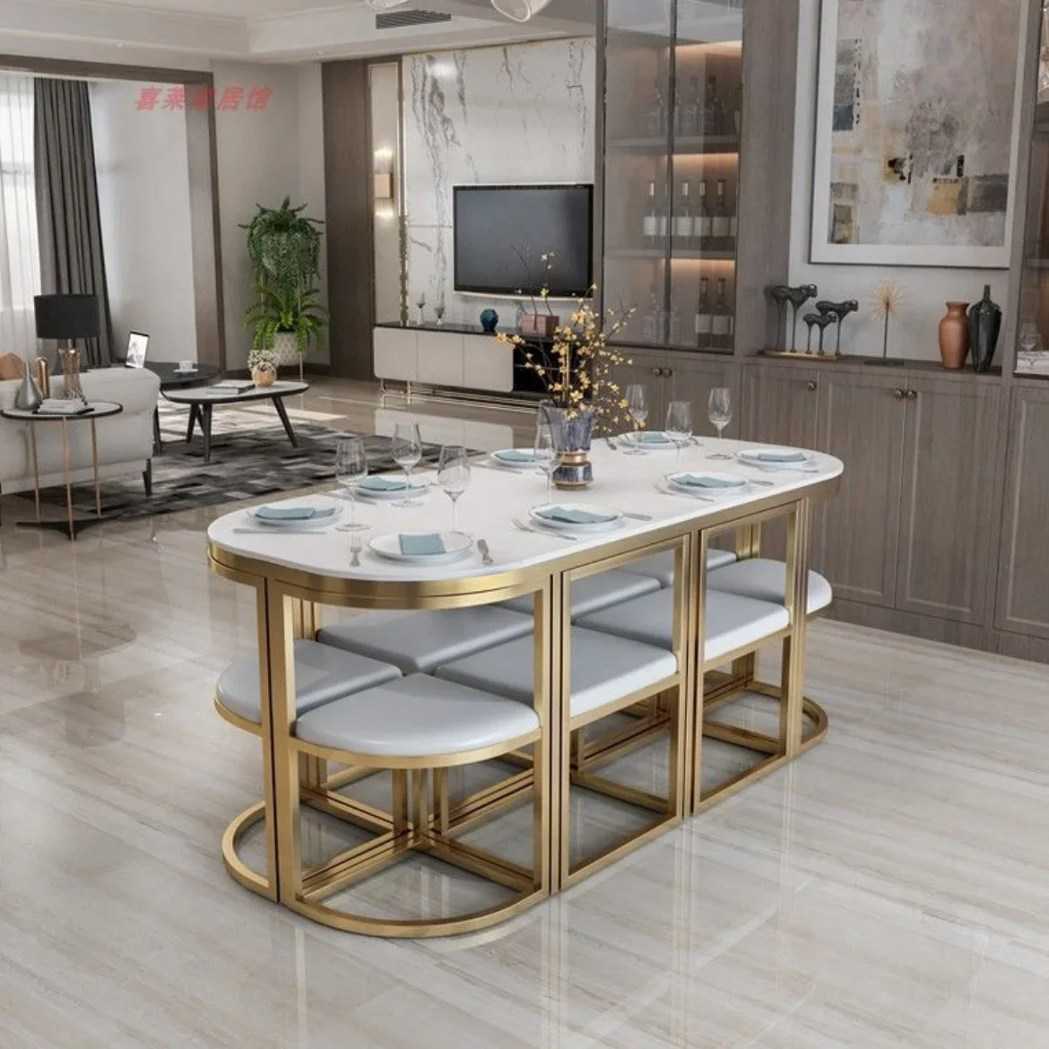 Modern style marble dining table and chair set can be expanded for 6 people, environmentally friendly and durable small home