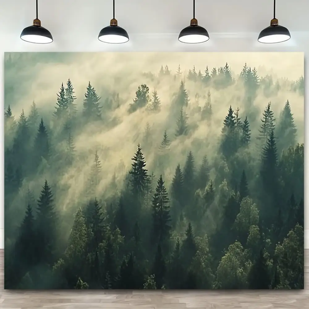 1pc Peel and Stick Misty Forest 3D Wall Mural- Removable Polyester Wallpaper for Bedroom, Living Room, Office- Enchanting Pin