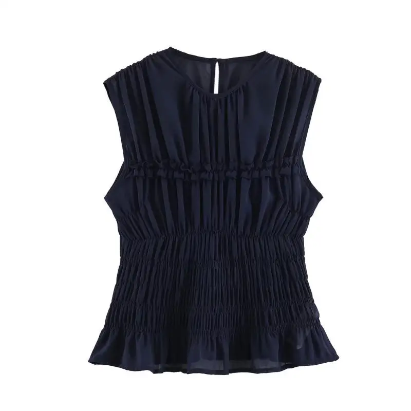 Maxdutti Minimalist Slim Fit Solid Color Pleated Sleeveless Round Neck Top Women's Blouses And Shirt Woman Cloth Southern France