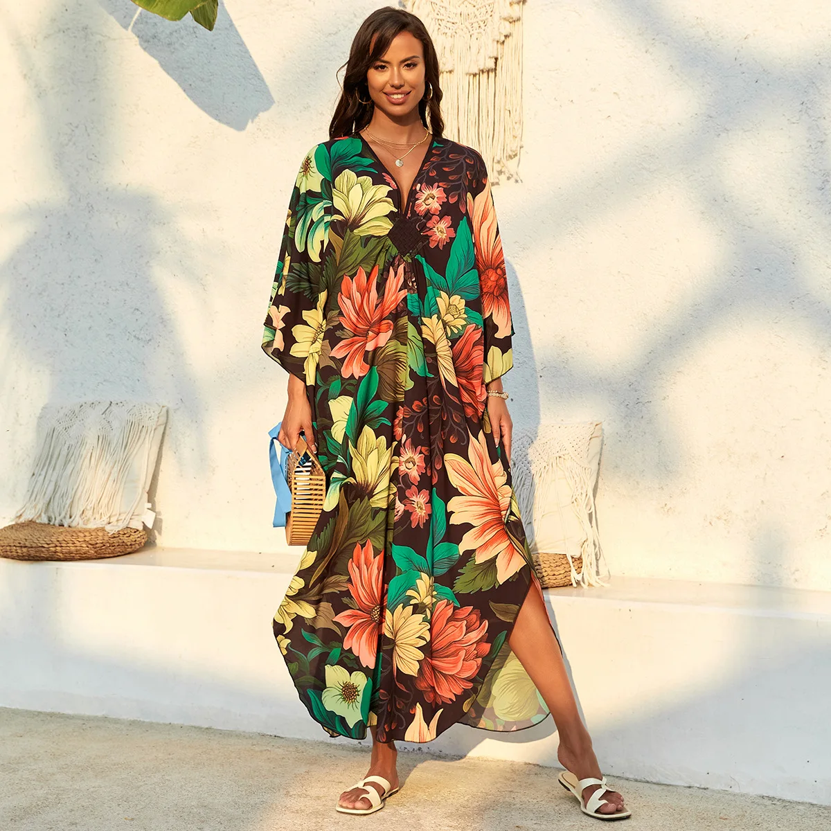 Women Stylish Caftans Plus Size Beach Cover Up Soft Loungewear Batwing Sleeve Summer Swimsuit Dresses