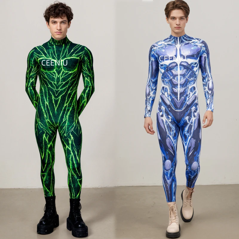 

Men's Green Lightning 3D Print Jumpsuit Mechanical Armor Cosplay Bodysuit Hoilday Party Stage Cool Superhero Performance Costume