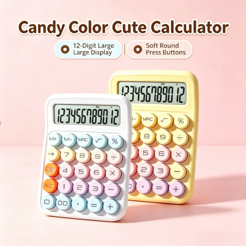 Mechanical Calculator 12 Digit Large LCD Display Big Round Button Cute Candy Colored Calculator Suitable for Office School