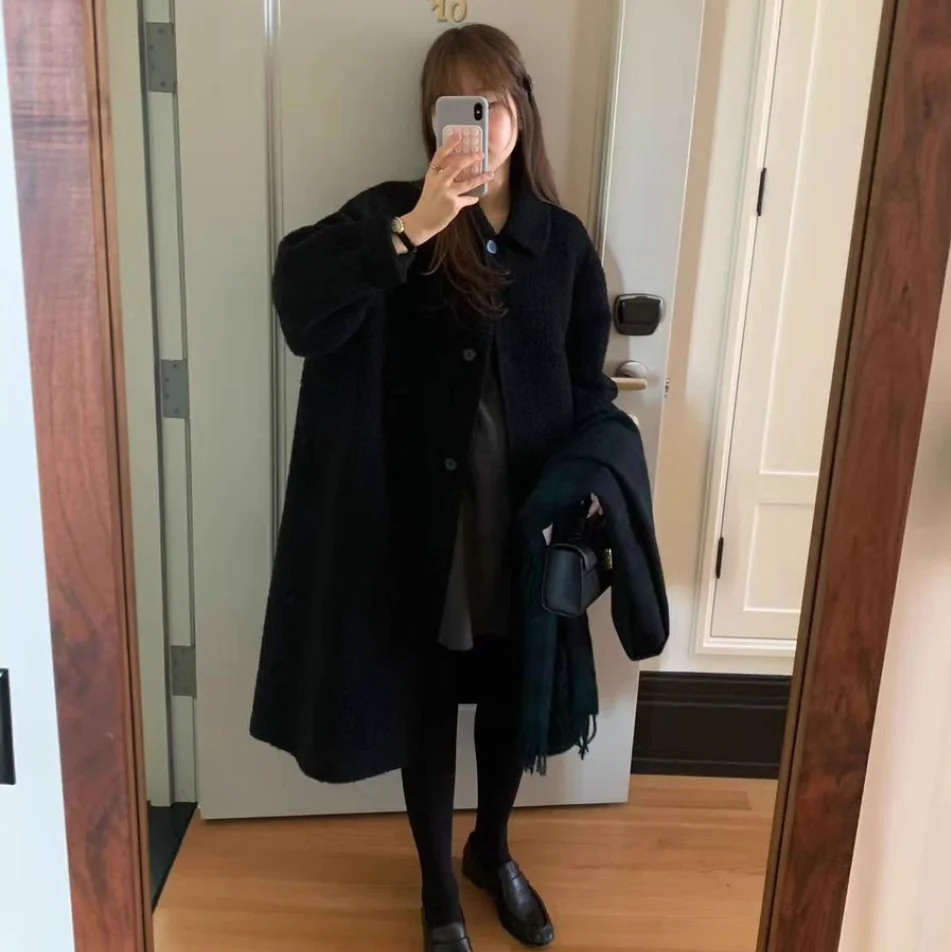 معطف صوف نسائي طويل فضفاض بلون واحد مع ياقة نحيفة للخريف والشتاء بأكمام طويلة #4