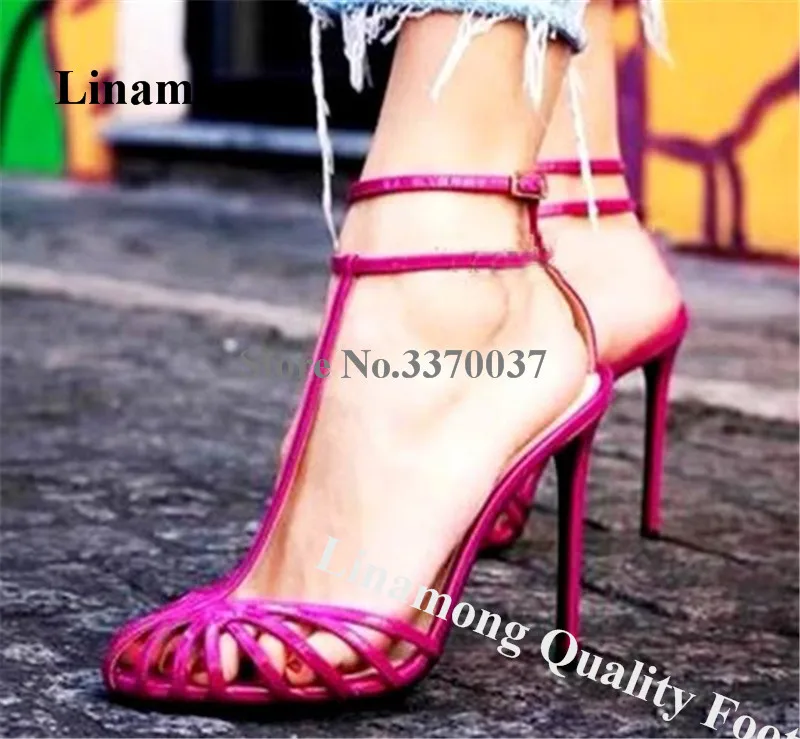 Thin Straps Caged Sandals Linamong Newest Round Toe Bands Cross T-straps Stiletto Heel Dress Shoes Party Wedding Heels