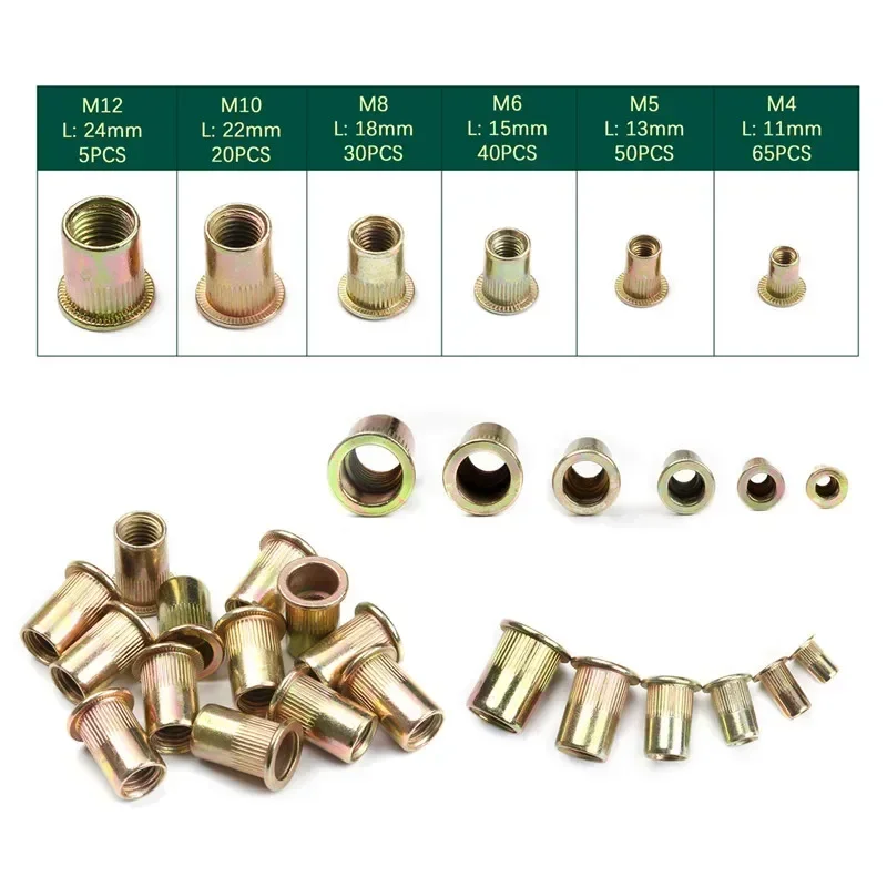 210/165/100PCS Box Rivet Nuts Carbon Steel M4 M5 M6 M8 M10 M12 Flat Head Rivet Nuts Set Hardware Multi Sizes Insert Rivet Nuts