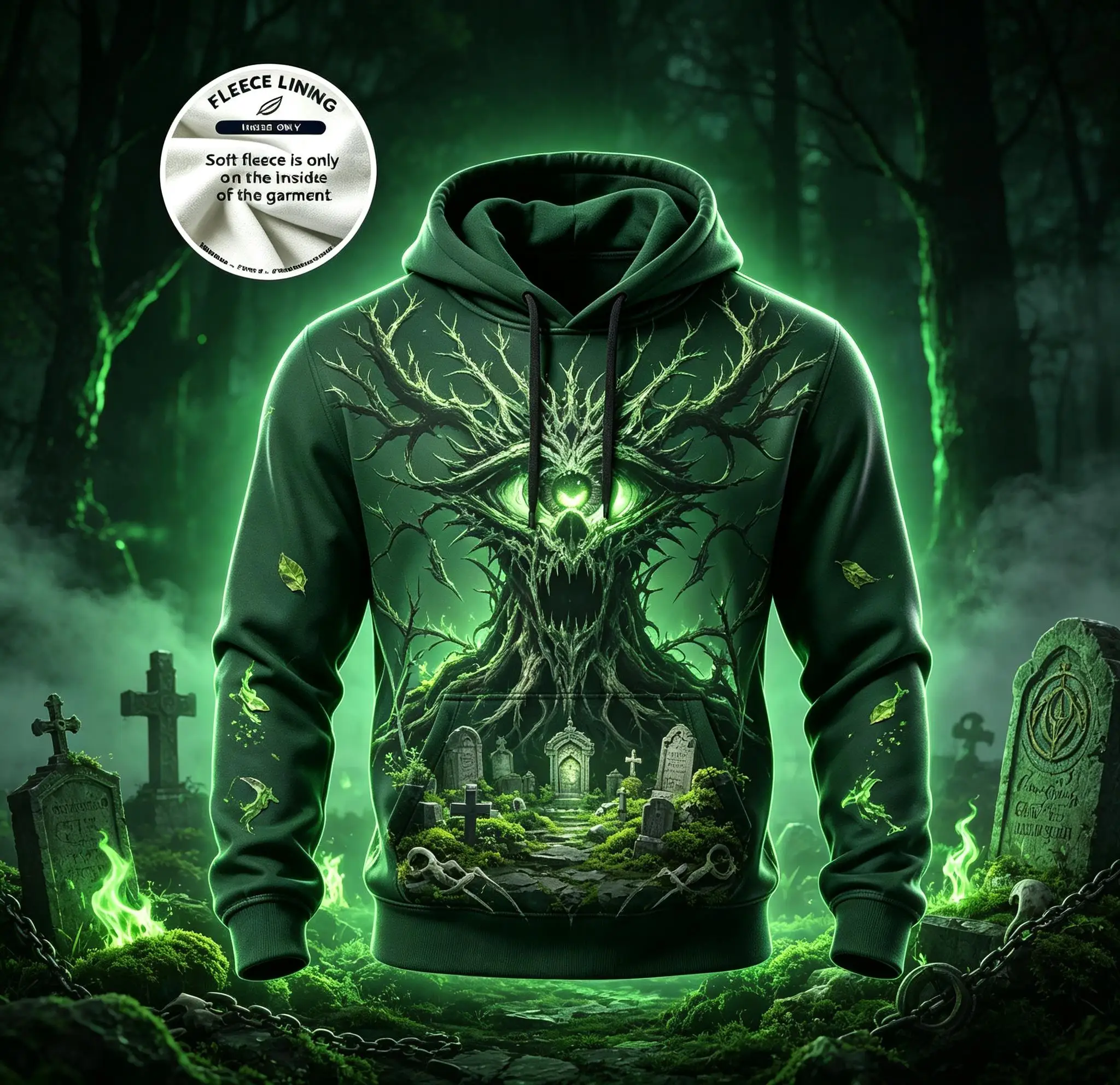 Fashion Men Drawstring Hoodie Spooky Forest Tombstone Print Warm Fleece Casual Street
