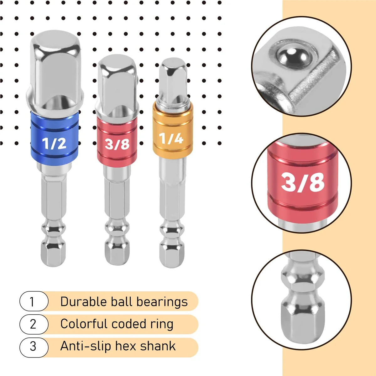 Jeu d'adaptateurs de douilles à percussion, tige hexagonale à 1/4, 3/8, 1/2 pouces, convertisseur d'extension coloré, forets à percussion, main de conducteur, 3 pièces