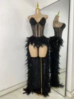 High Quality Women Sexy Straplss Crystals Diamonds Feather Luxury Party Dress Designer Mesh Transparent Performance Stage Outfit - Image 5