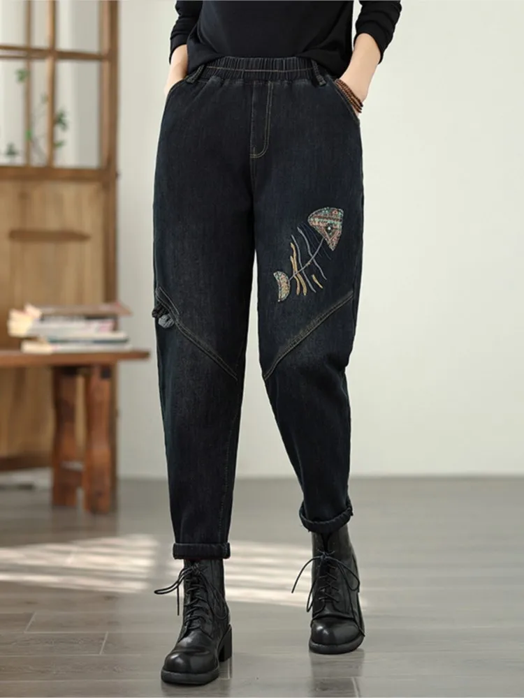 المتضخم الجينز الخريف الشتاء أفخم بانت المرأة طباعة التطريز أزياء السيدات الحريم السراويل مرونة عالية الخصر امرأة السراويل