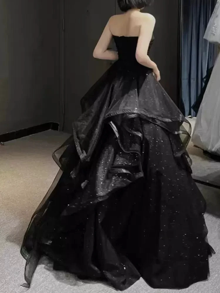 Black Ball Gown Prom Dress Lace-up Back Sweep Train Evening Gowns