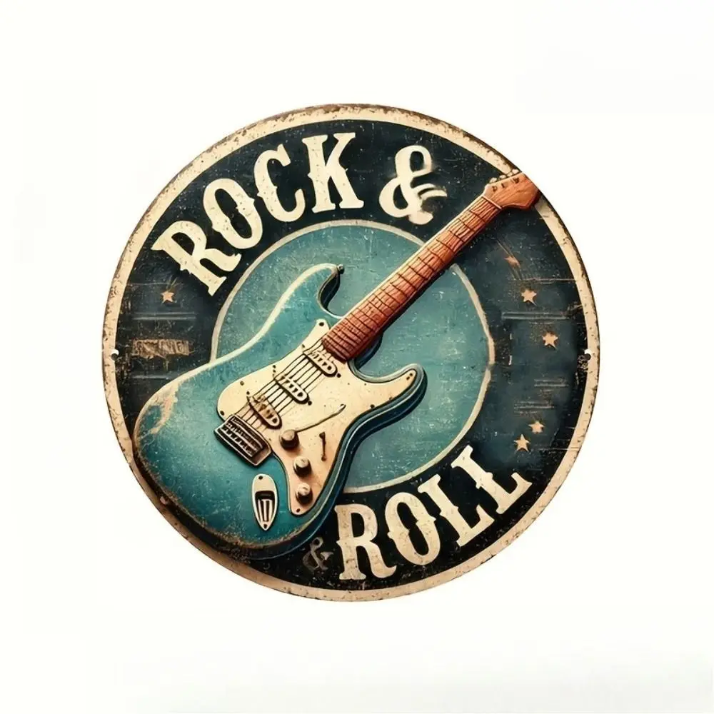 Vintage Rock-n-Roll Metal Sign with Guitar, Round Retro Wall Decor, 20x20 cm Tin Plate