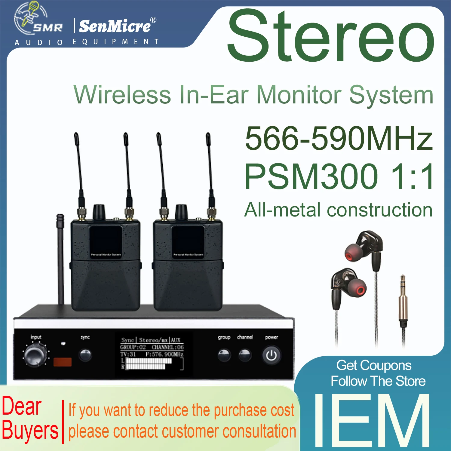 SenMicre PSM300 1:1 Professional In-Ear Monitor Stage Performance 24-Bit Processor Audio Stereo In-Ear Monitoring System