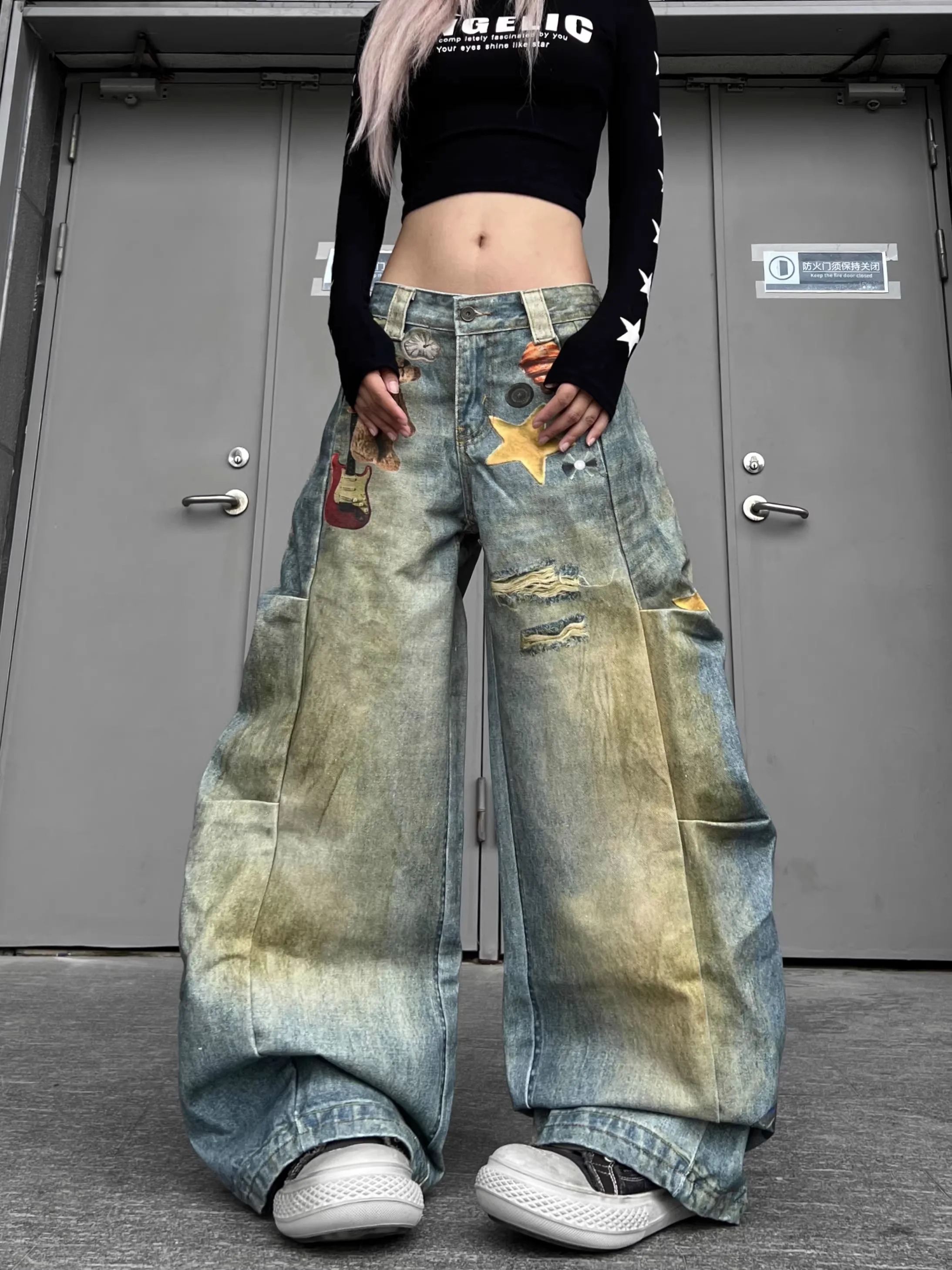Women Blue Y2k Tie-Dyed Print Jeans Vintage Harajuku Grunge Hiphop Denim Trousers Baggy Straight Wide Leg Long Jean Pants Summer
