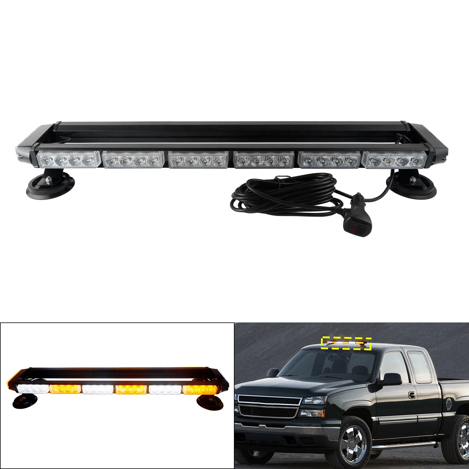 56 LED Amber & White Warning Strobe Flashing Light Beacon Hazard Recovery Magnetic Base Lightbar 736mm
