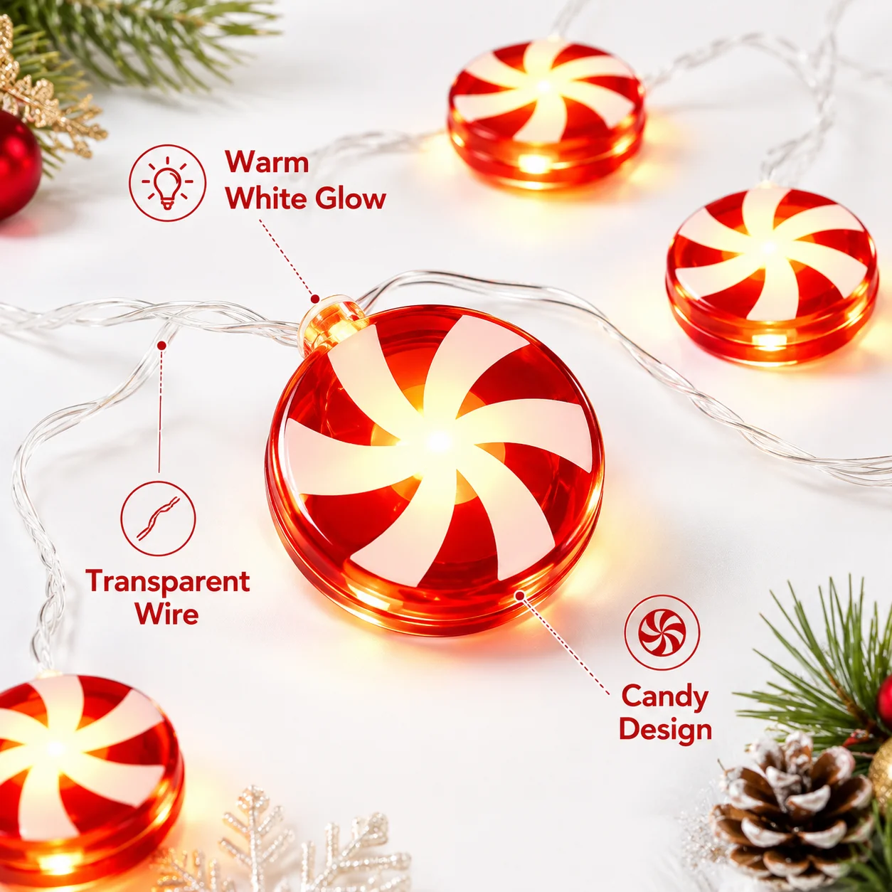 1pc 10/20 LED Christmas String Light Red&White Candy Fairy Lamp Battery Powered For Home Birthday Party Wedding Christmas Decor