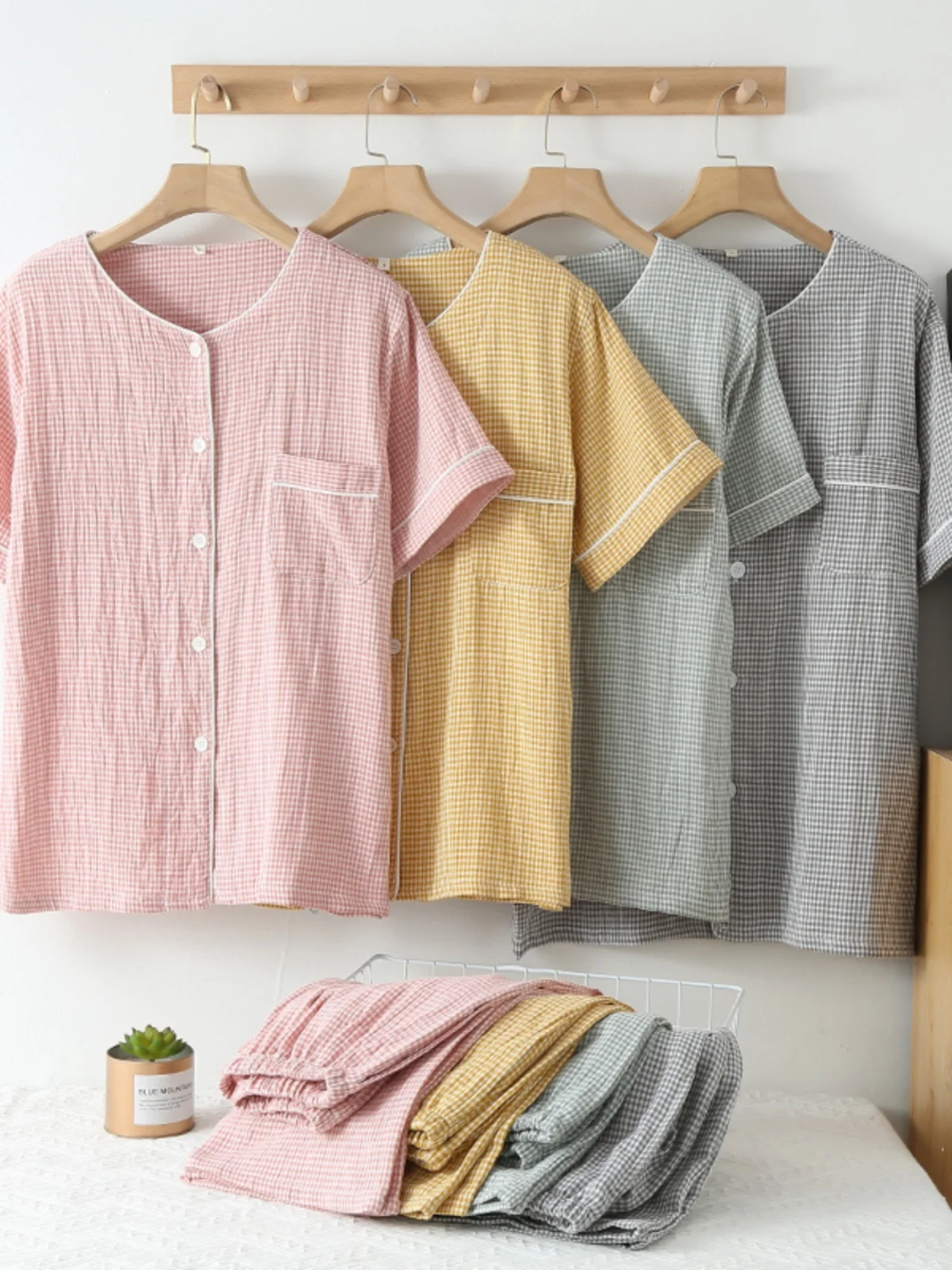 

Summer Cotton Pajamas Couple's ort Sve Seven-Piece Pants Set round Ne f Sve Mid-Pants Plaid Home Clothes Spwear