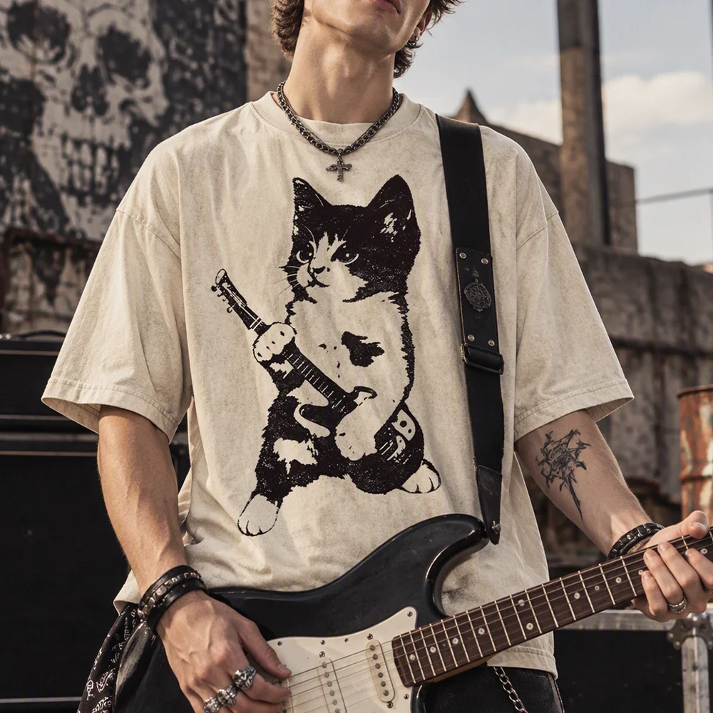 Mens Cat Playing Guitar Graphic T Shirts Kitten Rock Music Electric Guitar Print Cute Animal Casual Short Sleeve Crew Neck Top