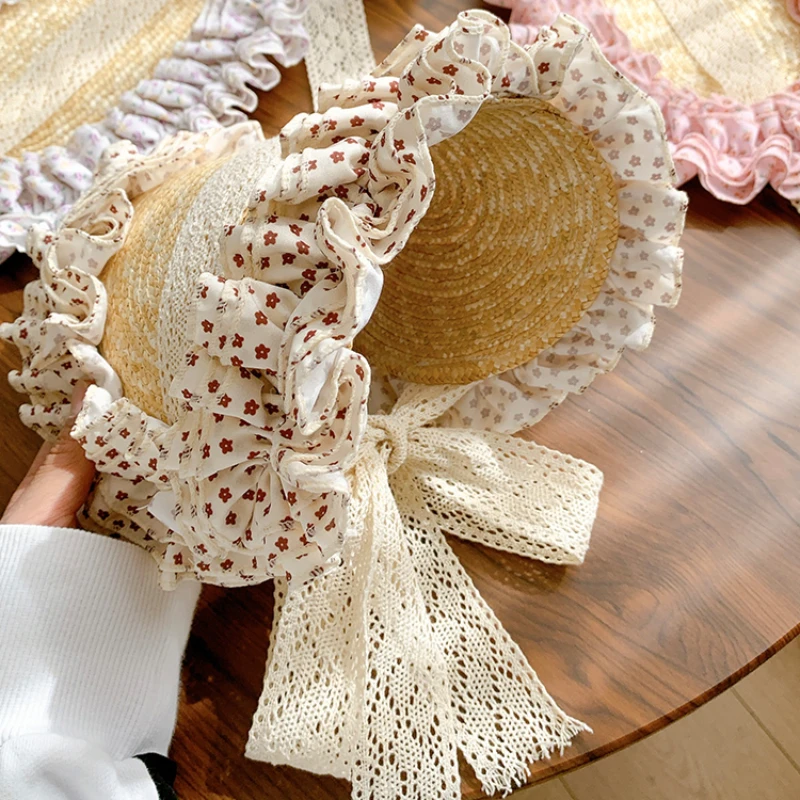 French Retro Lace Floral Woven Straw Caps for Women Summer 2024 New Seaside Beach Vacation Idyllic Sweet and Cute Strap Sun Hats