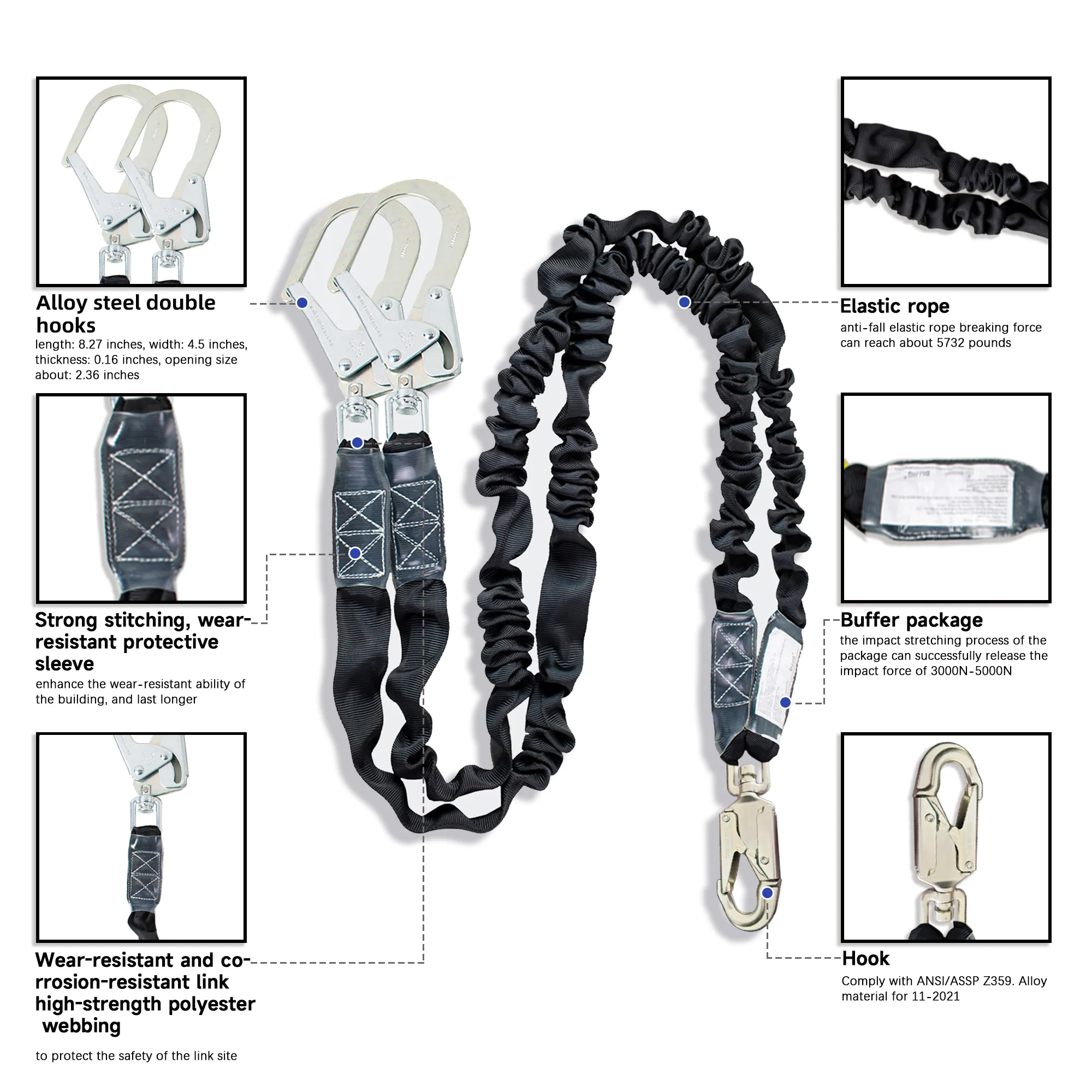 6FT Double Leg Safety Lanyard -Shock Absorbing Fall Protection Lanyard | DualSteel Hook & Snap Hook, OSHA & ANSI Rated