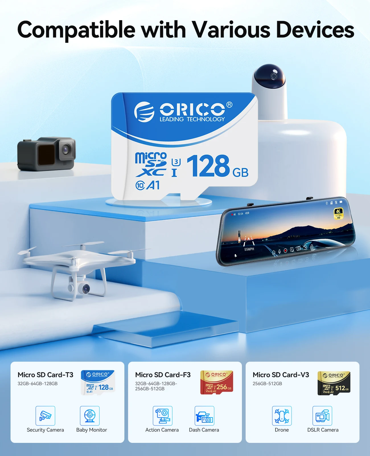 ORICO Original Speicherkarten 16 GB 32 GB 64 GB 128 GB TF-Speicherkarte A1 U3 Class10 V10 für Kamera/Drohne/Dash Cam High-Speed-SD-Karte