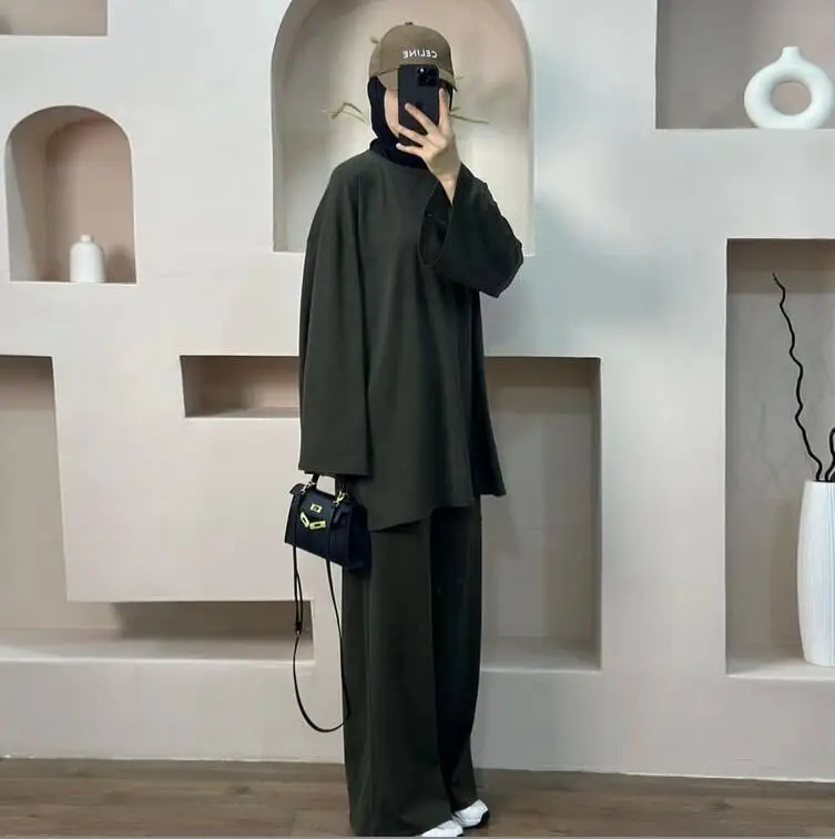 المرأة المسلمة كم طويل بلوزات وسراويل متواضعة دبي تركيا وتتسابق البلوز فام 2 قطعة عباية مجموعات ملابس كاجوال إسلامية