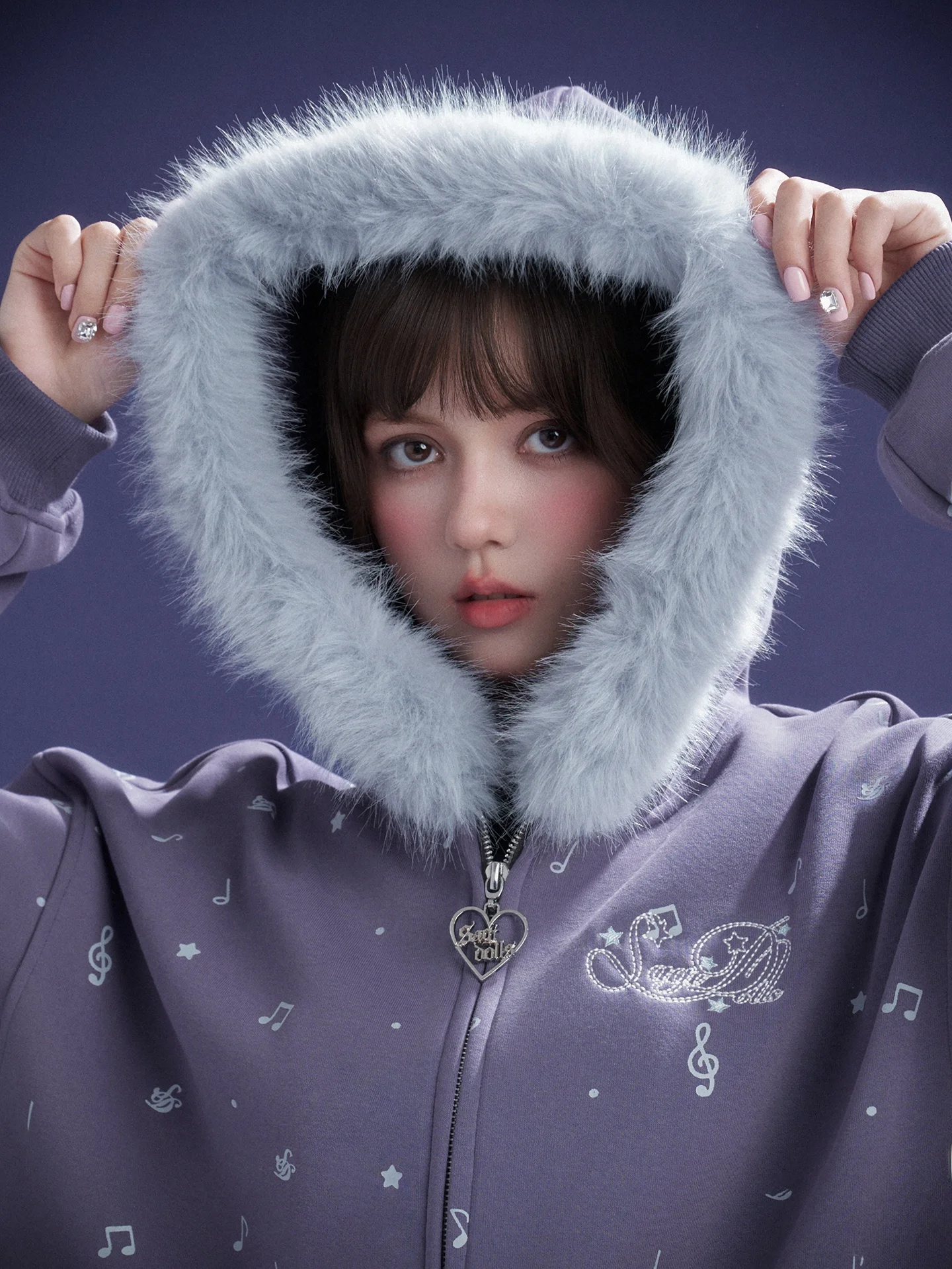 

Куртка SagiDolls Sweet Sle Fce с капюшоном на флисовой подкладке, фиолетовая, с принтом и меховым воротником, для девочек, теплая, для повседневной носки