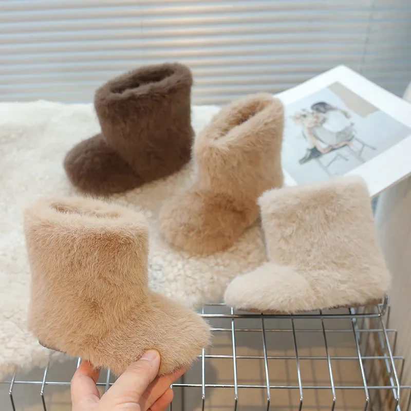 

2025 зимняя пушистая плюшевая обувь для девочек, новая модная обувь для мальчиков, однотонные теплые короткие ботинки на флисовой подкладке