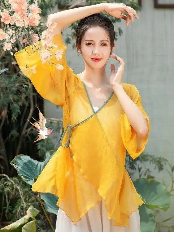 Women Chinese Classical Dance Gauze Dress Daily Practice Dress Flowing Chinese National Style Dance Performance Top Clothes