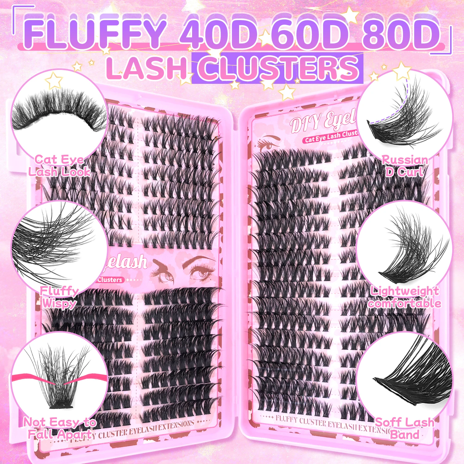 [Cílios grossos] Kit de extensão de cílios modificados mistos de cluster 560/576 com alinhamento de cabeça e cauda, vários estilos para escolher