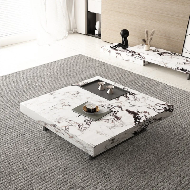 Italian Minimalist Style Slate Square Coffee Table With Stainless Steel Frame, Living Room Furniture