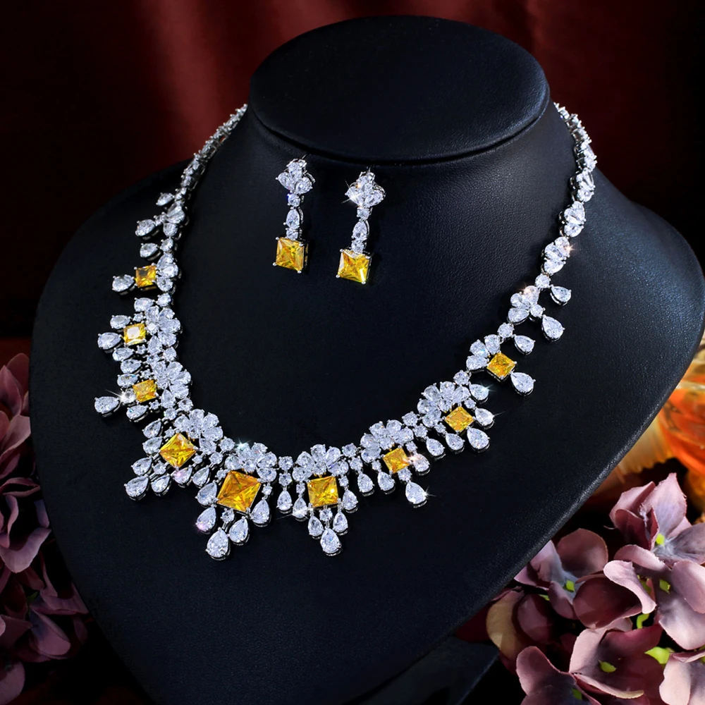 CWWZircons Luxury Bridal 2Pcs Necklace Drop Earrings Set Multi Cut Cubic Zirconia Sparkling Wedding Banquet Women Jewelry T1000