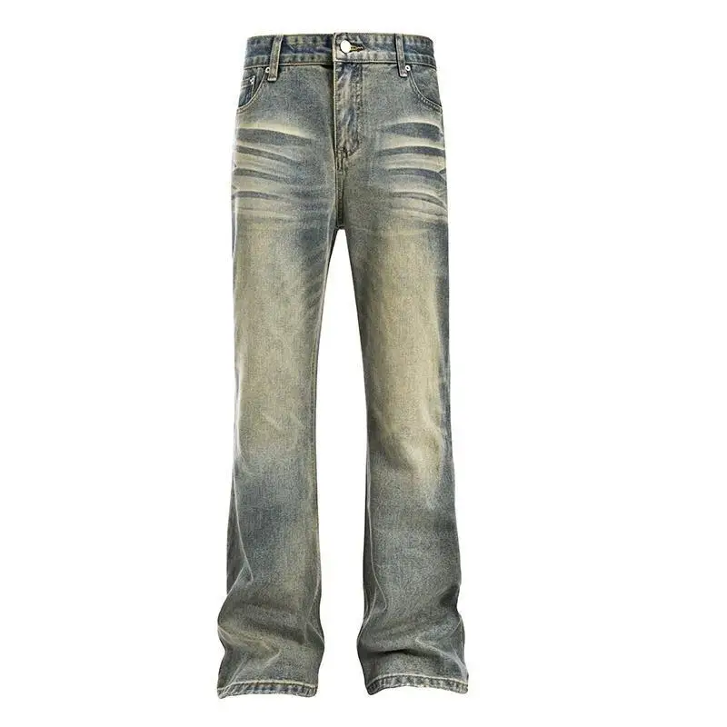 

Washed out Mud Colored Bell Bottom Loose Straight Jeans Retro American High Street Style Unisex Vintage Jeans Casual Trousers