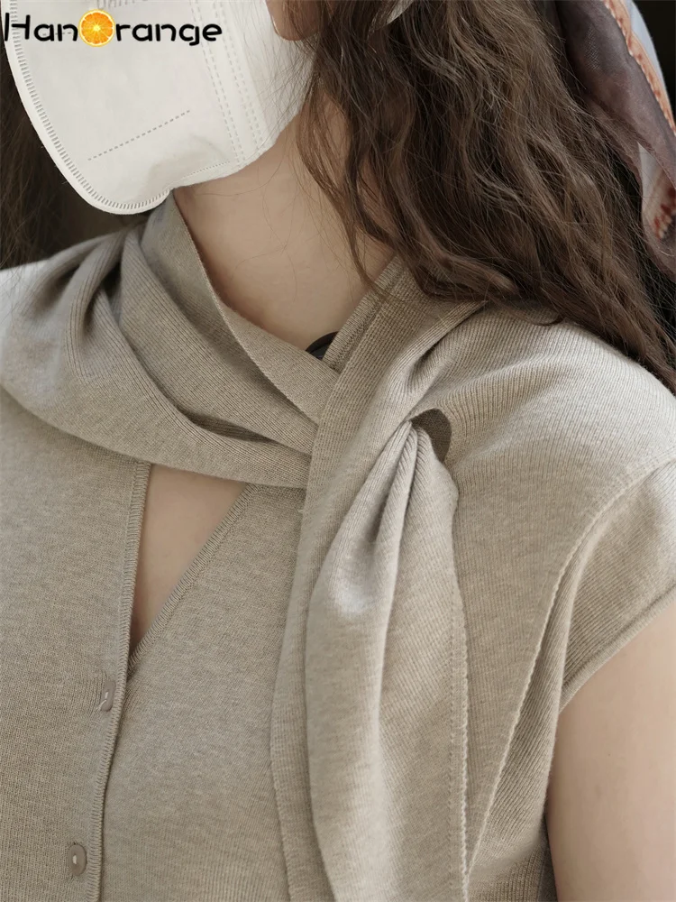 HanOrange 2025, moda de otoño, chaleco tejido con tirantes y cuello en V, Top de temperamento suave para mujer, azul marino/avo