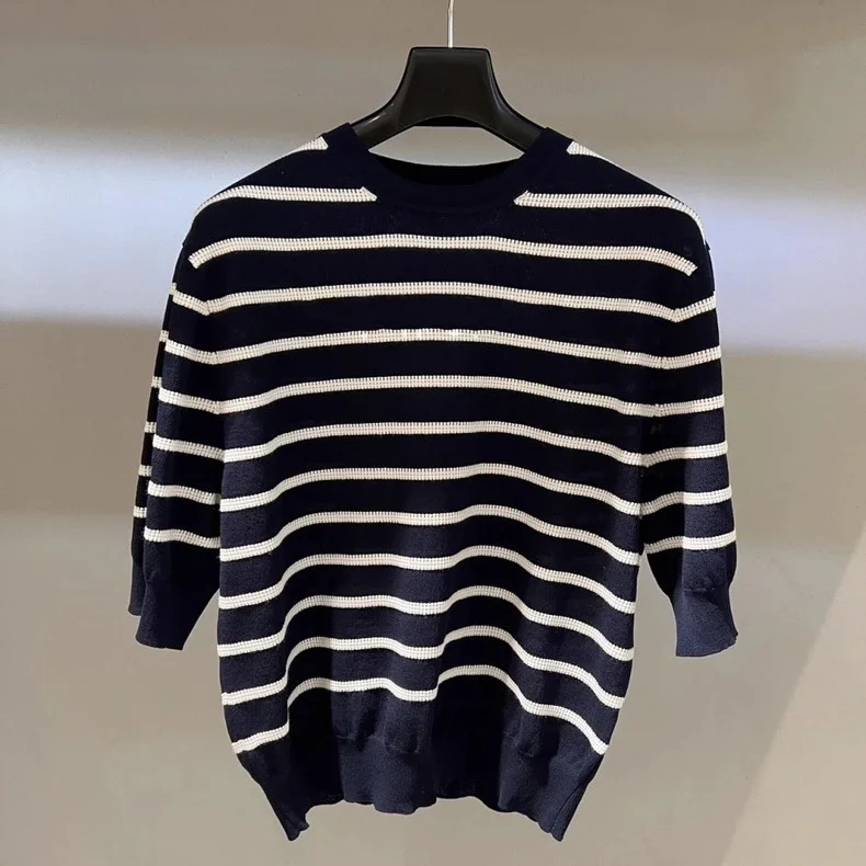 

Модный круглый трикотаж Ne Color Blo в полоску, свободный легкий женский вязаный топ из чистого хлопка, лето 2024, 2024, женский вязаный топ