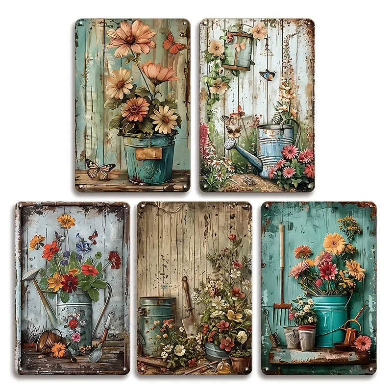 2D Flat 2D Flat - 5pcs, Vintage Garden Metal Iron Signs, 2D Flat, Humorous Relaxed Attitude Iron Board, Classic Floral Poster Si