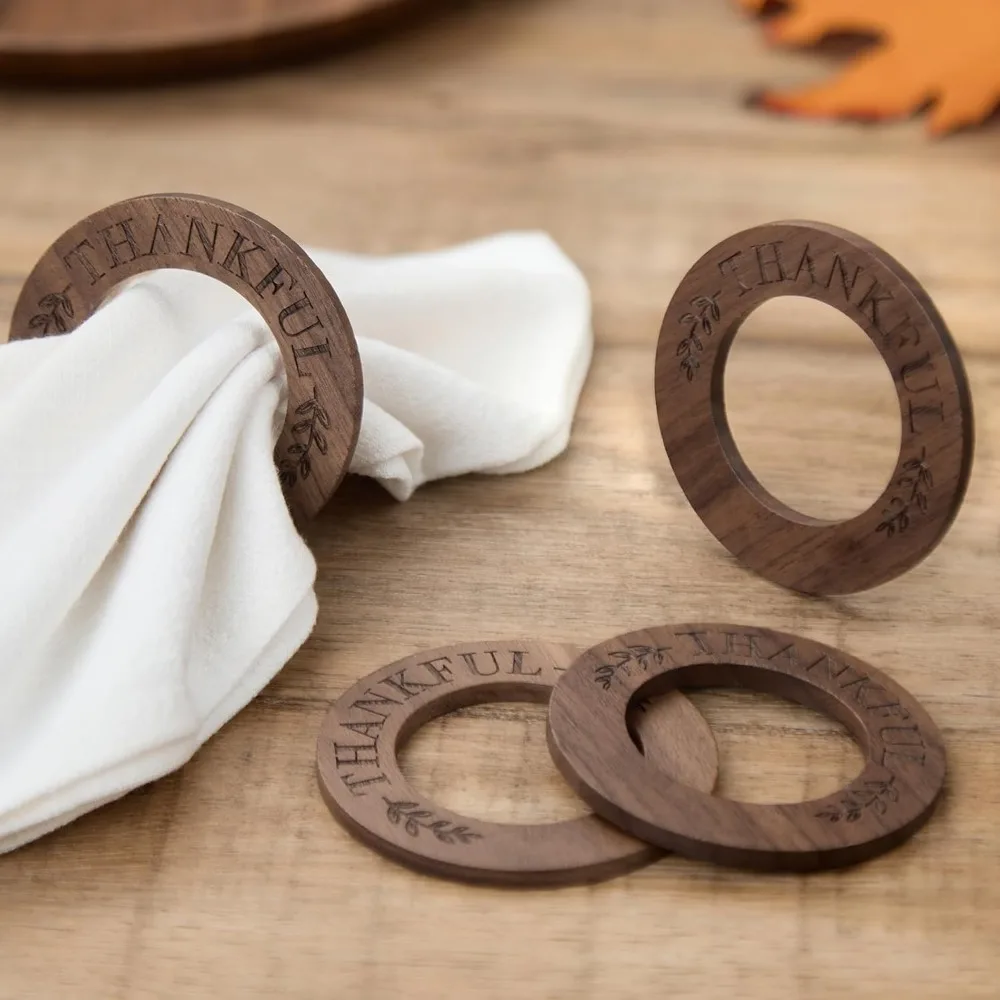 

Thankful Walnut Wood Napkin Rings 10Pcs, DIY Thanksgiving Napkin Ring for Party Dinner Place Setting, Fall Harves