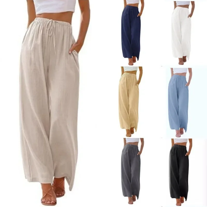 Plus Size Women Linen Wide Leg Pants Drawstring Waist With Pockets Loose Casual European Summer Trousers