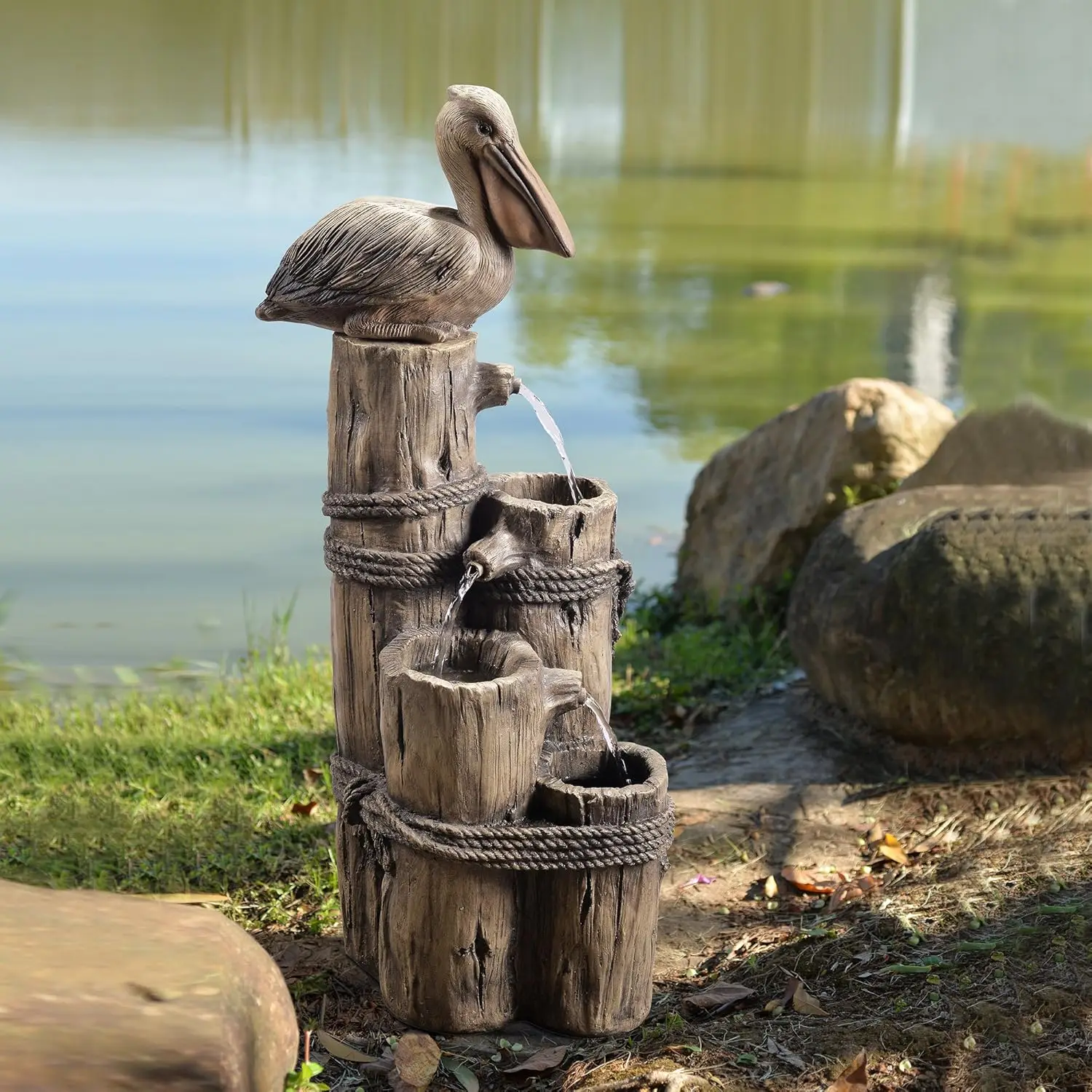 Teamson Home Nautical 3 Tiered Floor Waterfall Fountain with Pelican and Wooden Post, Pump for Outdoor Patio Garden Backyard De