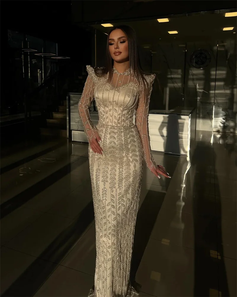 Elegant Heavy Beads Mermaid Prom Dress Full Crystal Beaded Long Sleeves Dubai Wedding Engagement Gown Vestidos de fiesta Couture