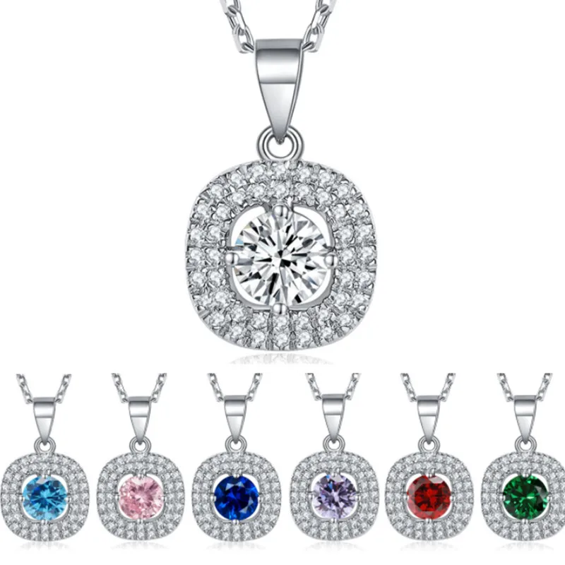 

High Quality Round Women Silver Jewelry CZ Zircon Birthstones 925 Sterling Silver Pendant Necklaces